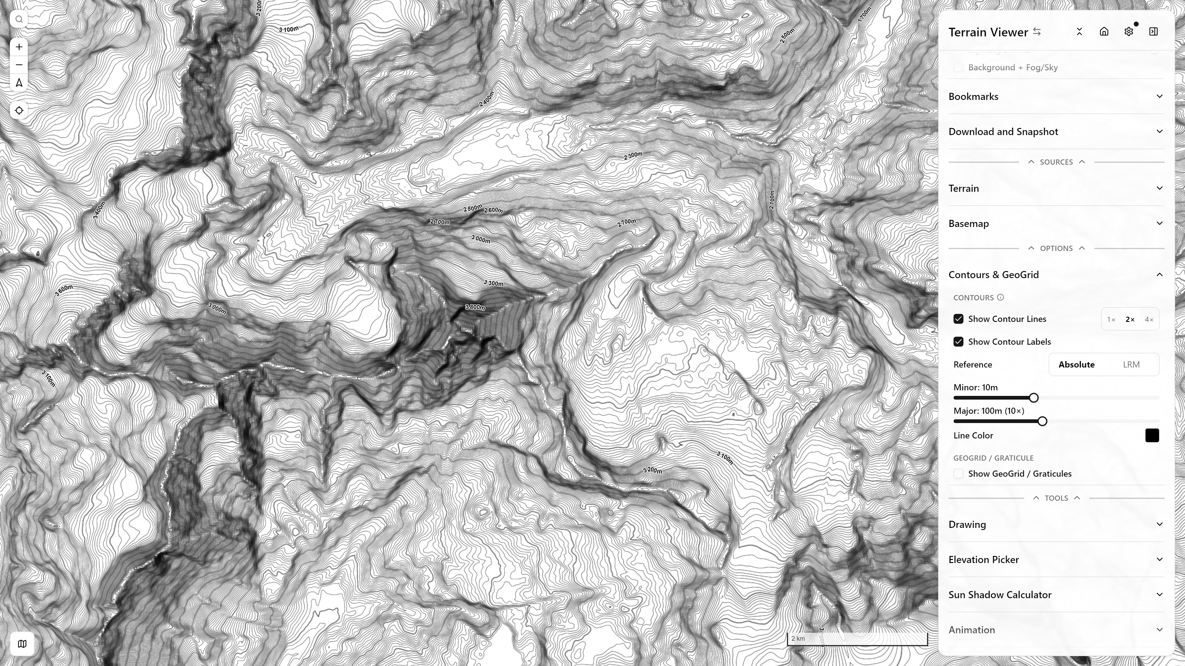 Contour lines, with the Contours & GeoGrid controls panel open