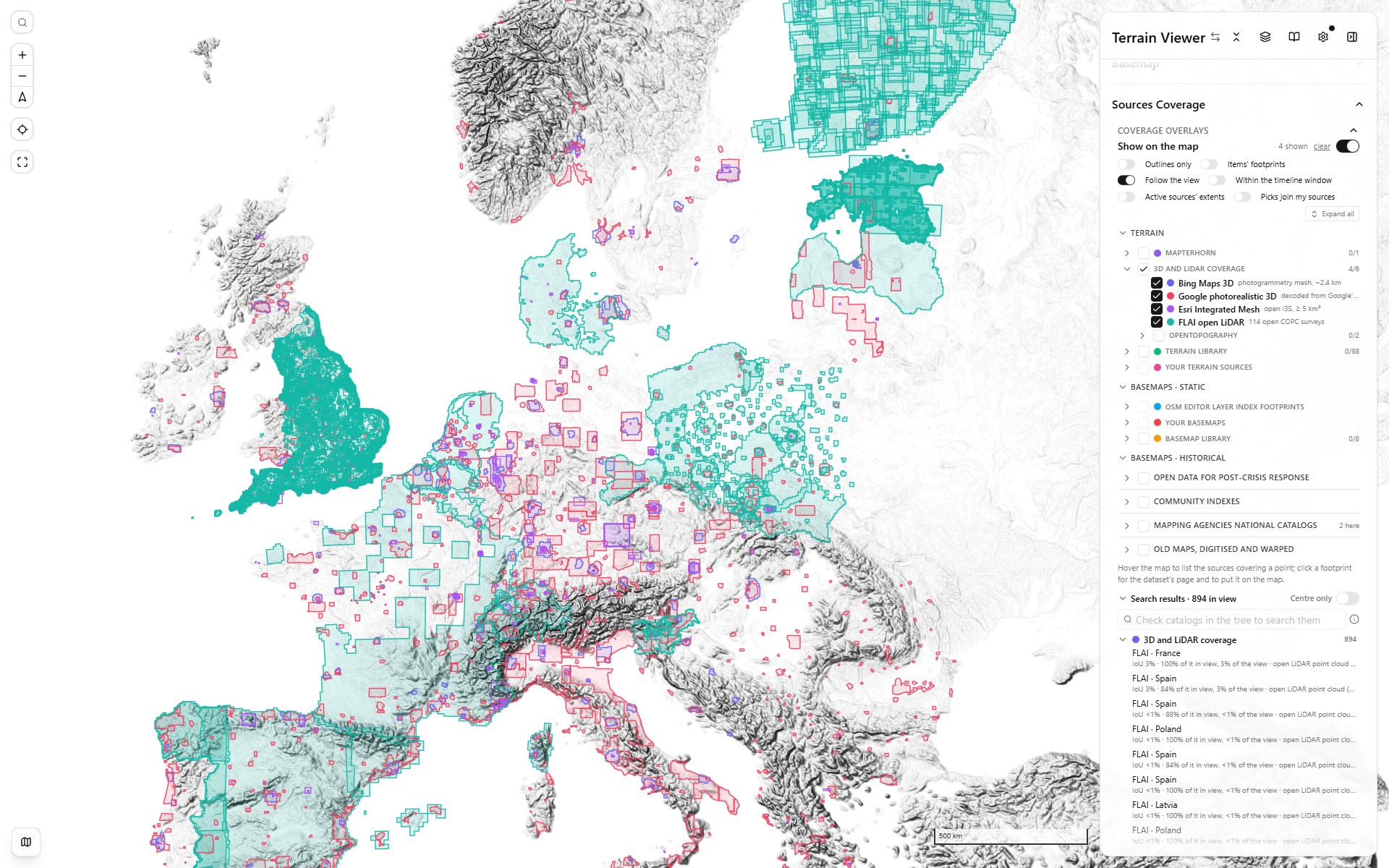 Bing, Google, Esri Integrated Mesh and FLAI coverage over Europe