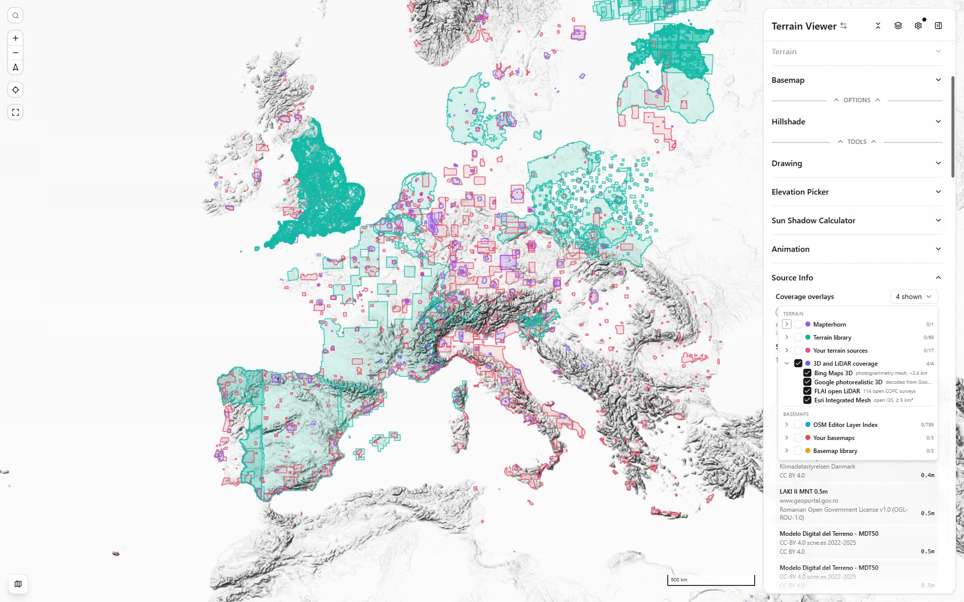 Bing, Google, Esri Integrated Mesh and FLAI coverage over Europe