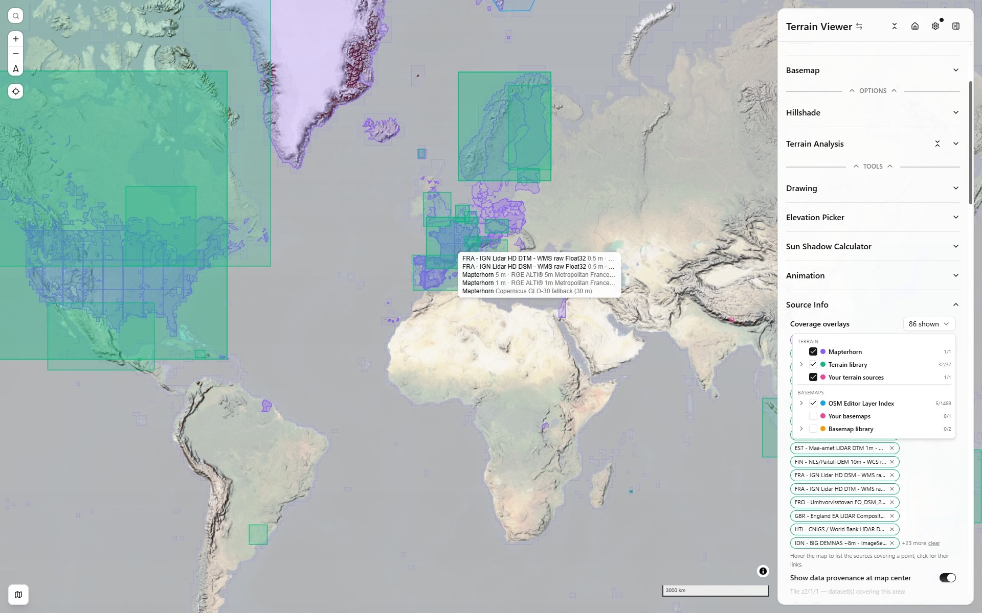 Coverage overlays: Mapterhorn's per-country sources, the terrain library bounds and Editor Layer Index footprints over Europe, with the hover list