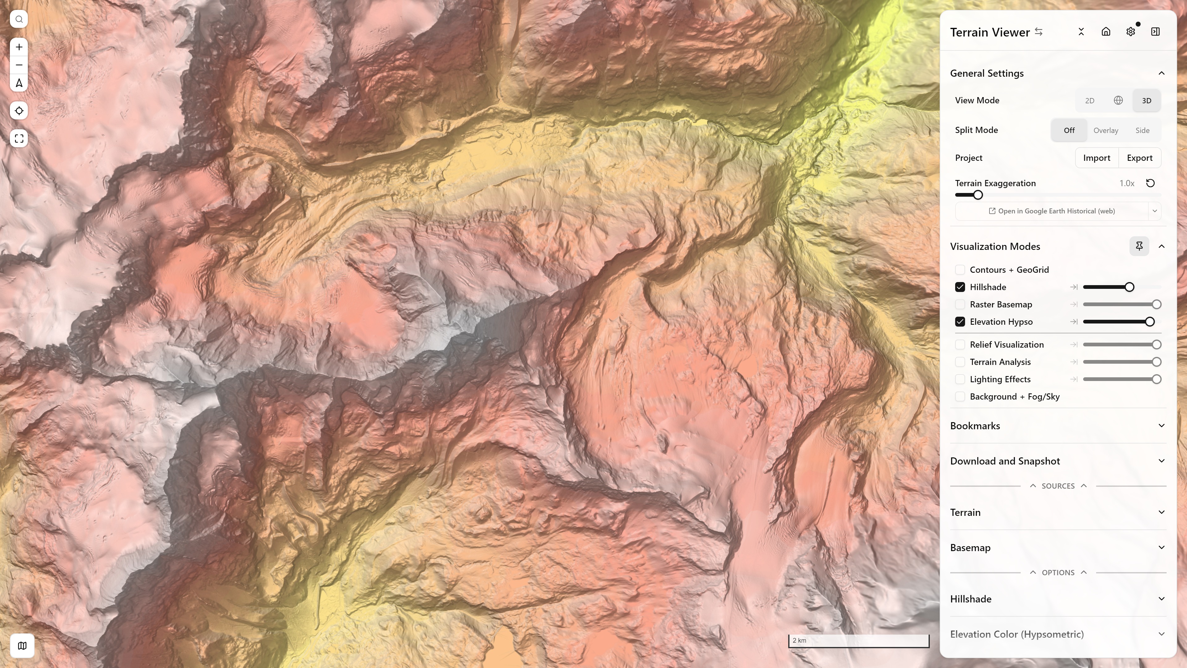 Elevation Hypso combined with Hillshade, with the Elevation Color controls panel open