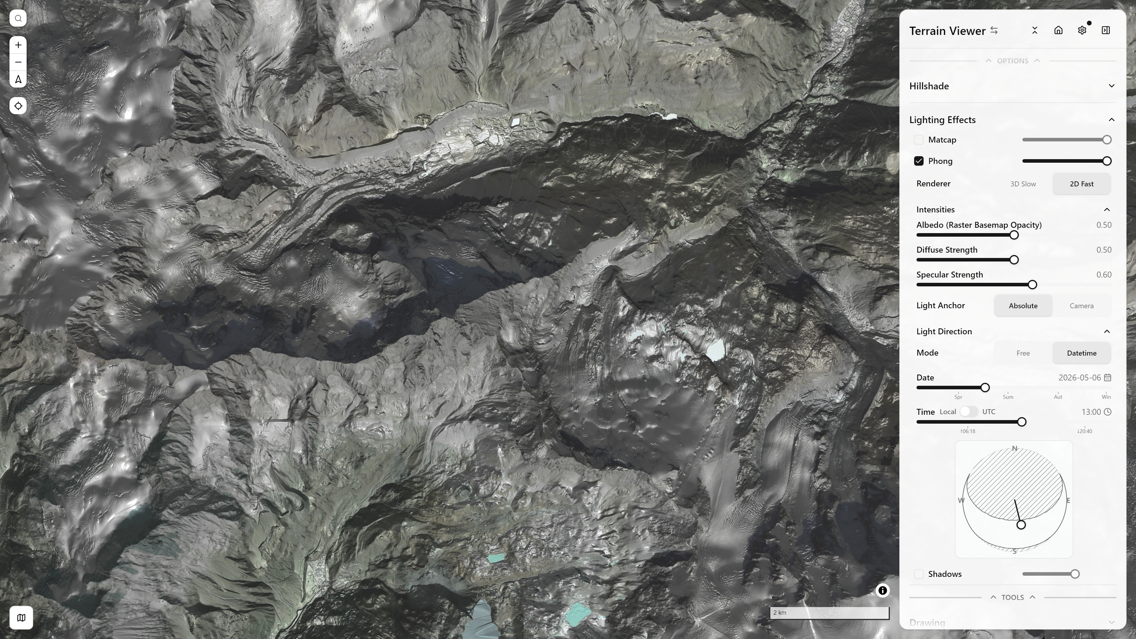 Phong lighting over Hillshade, with the Lighting Effects controls panel open