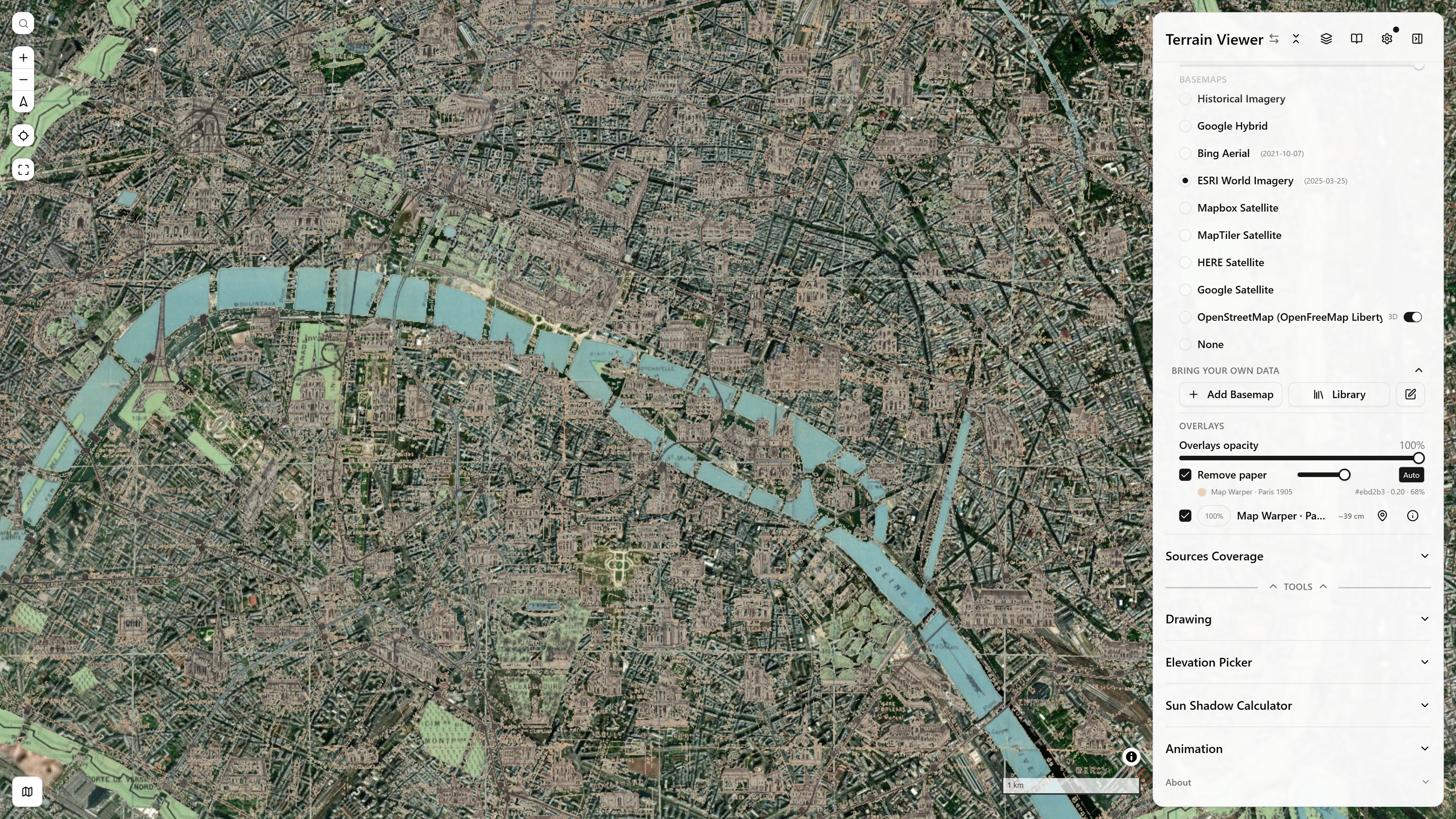 The same map with Remove paper on: the paper is transparent, the streets show the imagery under the drawn buildings, the Seine and the parks keep their colour; the sidebar lists the detected paper colour, threshold and paper share