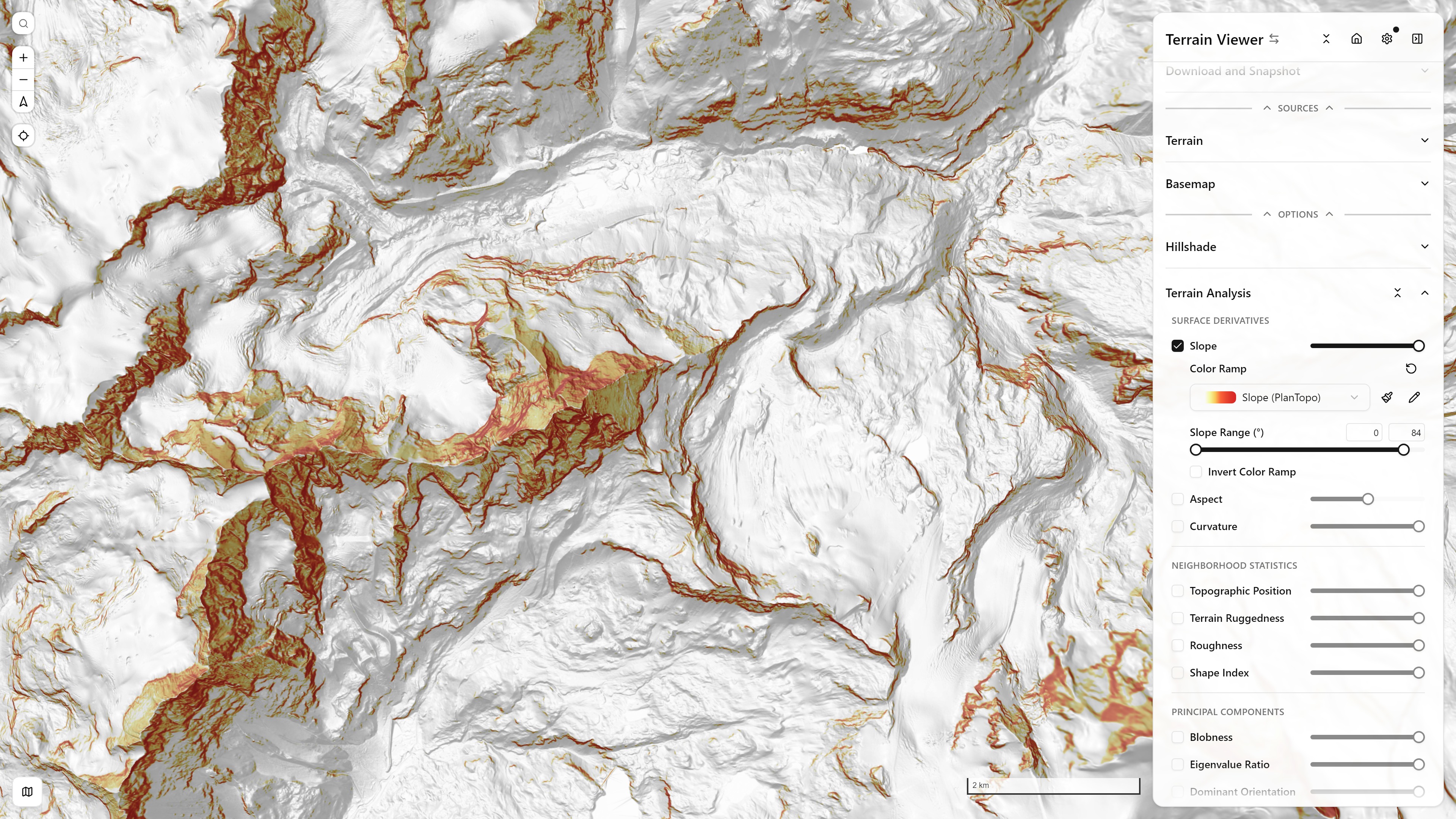 Slope visualization mode over Hillshade, with the Terrain Analysis controls panel open