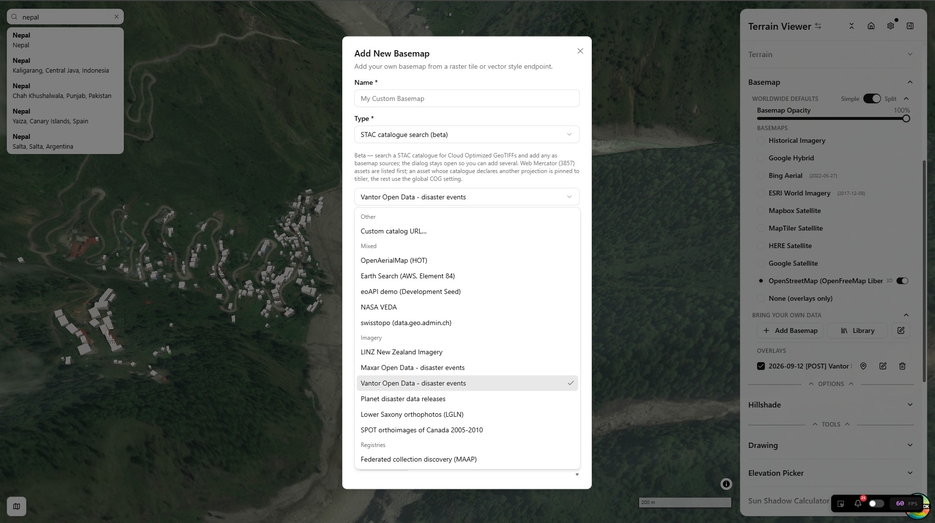 The STAC catalog list: custom URL, mixed, imagery, elevation and registries