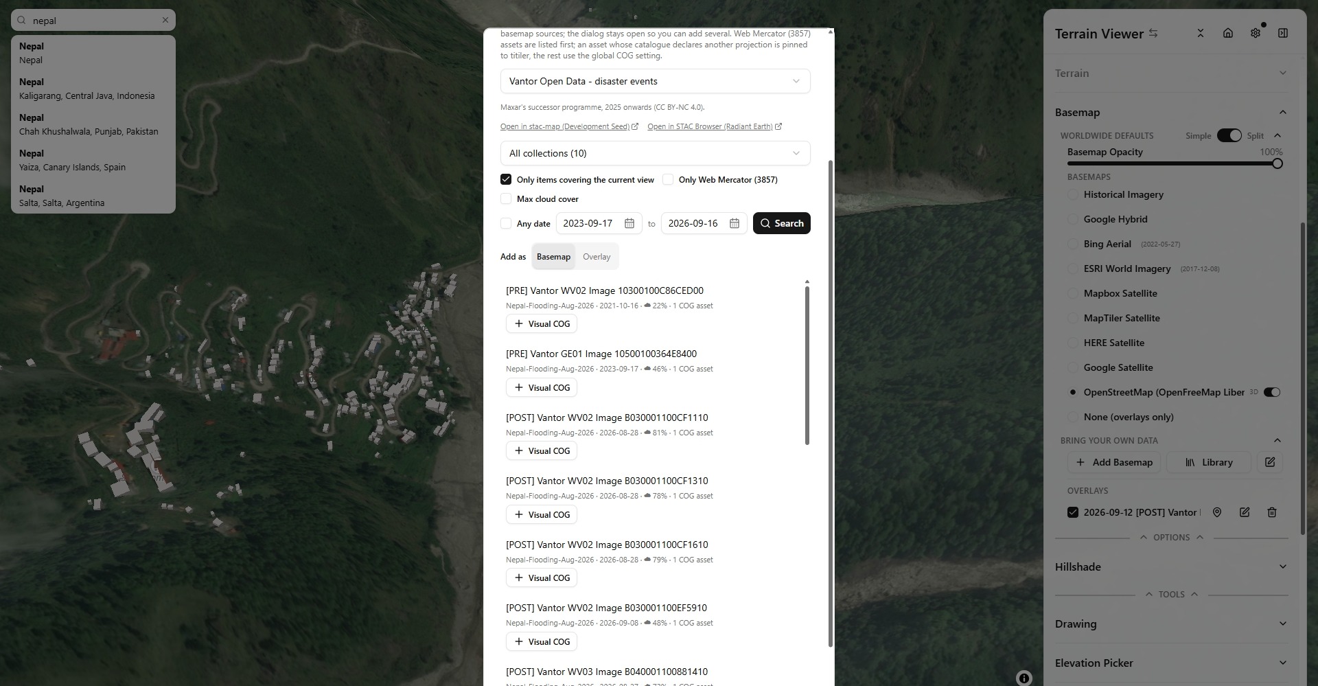 Vantor open-data results over the 2026 Nepal flooding, each scene addable as a basemap or overlay
