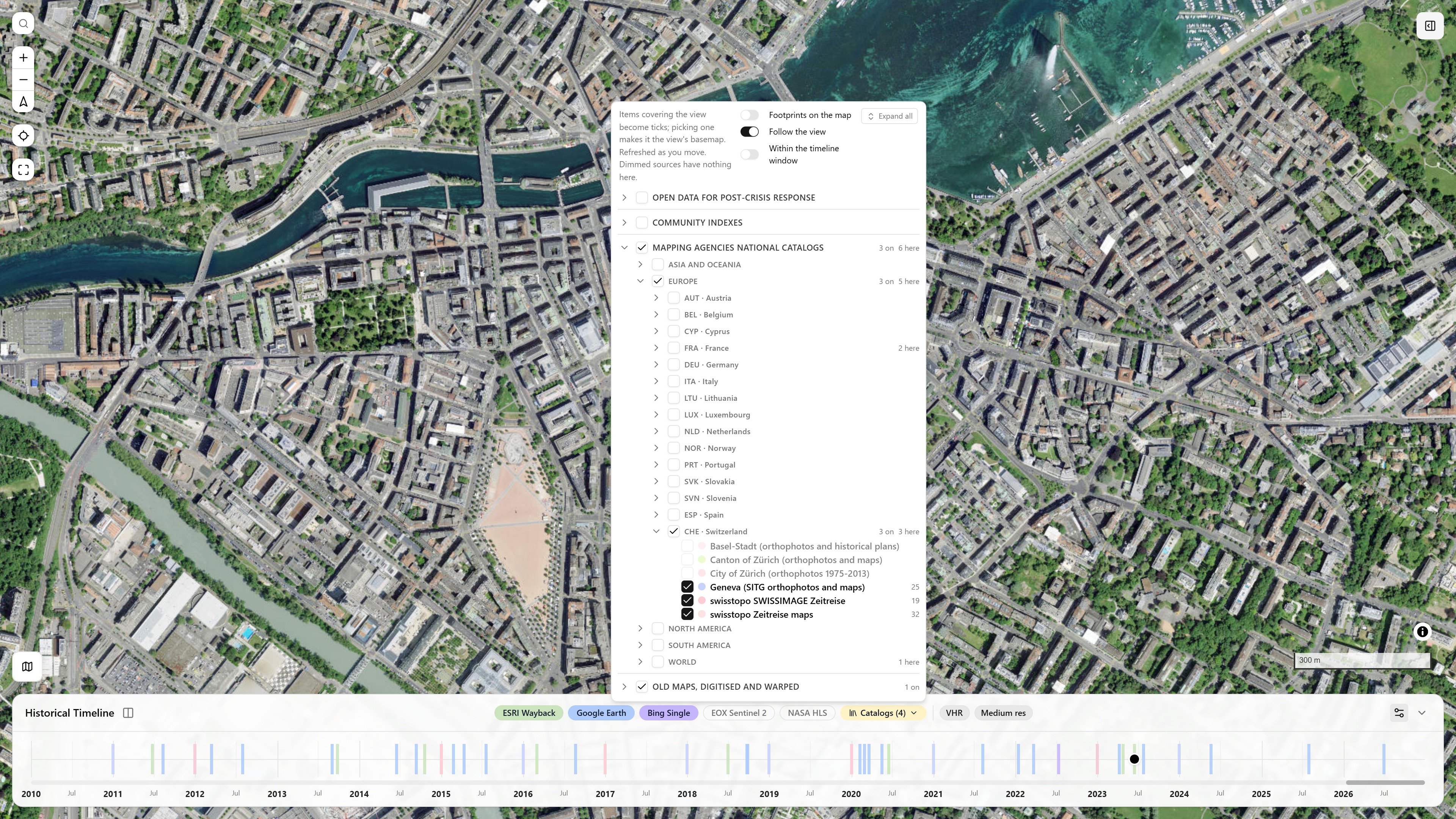 The timeline's Catalogs select open over Geneva: the switches on top, Mapping agencies national catalogs open on Europe and CHE · Switzerland, Geneva SITG (25), swisstopo SWISSIMAGE Zeitreise (19) and swisstopo Zeitreise maps (32) checked, the Basel and Zürich archives dimmed